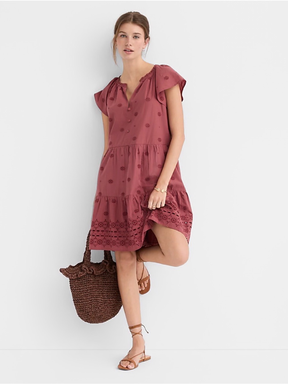 NWT Dusty Rose-Eyelet Flutter Tiered Mini Dress